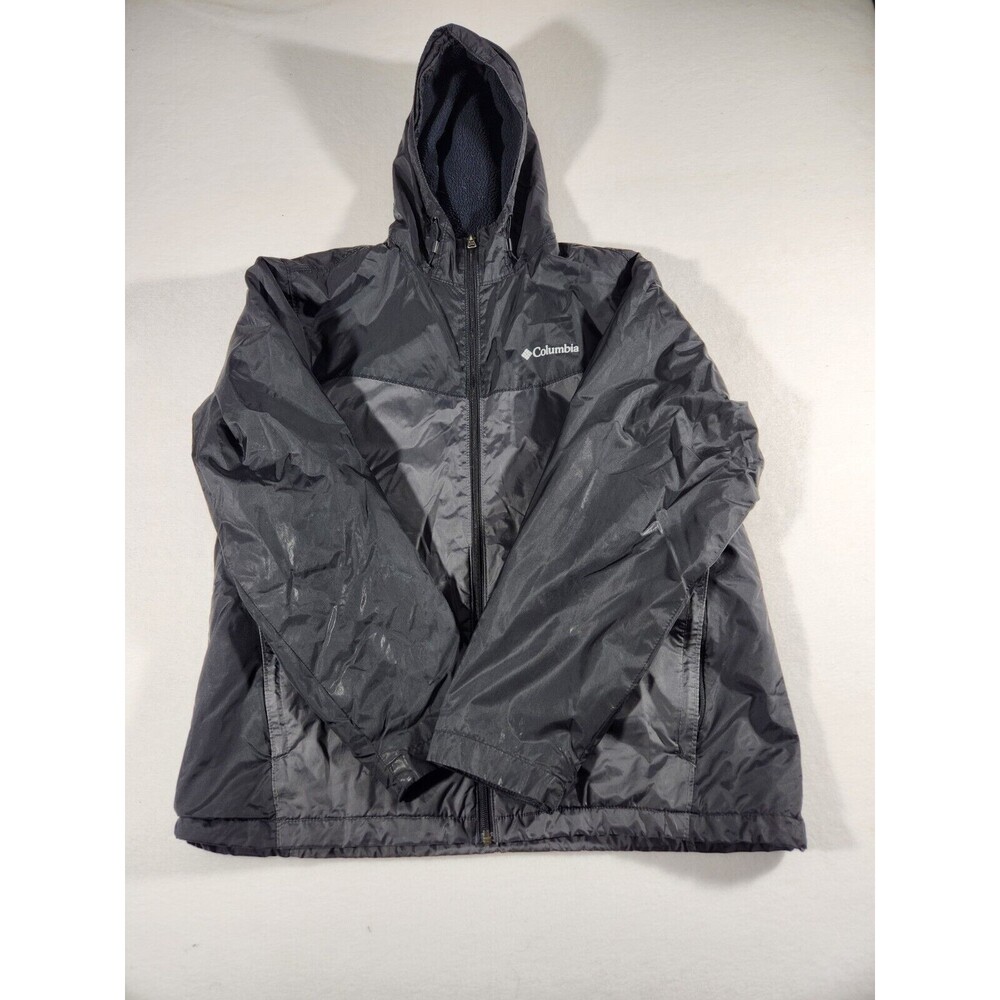 Columbia Jacket Mens Medium Full Zip Up Hooded Packable Black Gray Lightweight